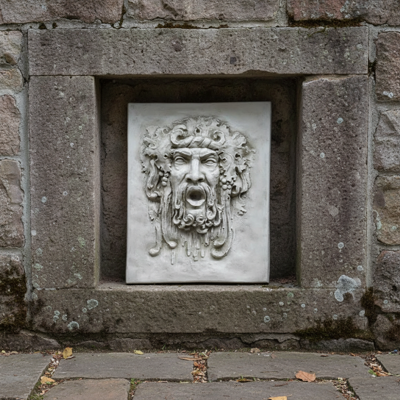 Baroque-style wall plaque featuring an ornate, classical face with flowing hair, grape clusters, and dramatic expression. Side Angle