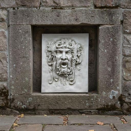 Baroque-style wall plaque featuring an ornate, classical face with flowing hair, grape clusters, and dramatic expression. Side Angle