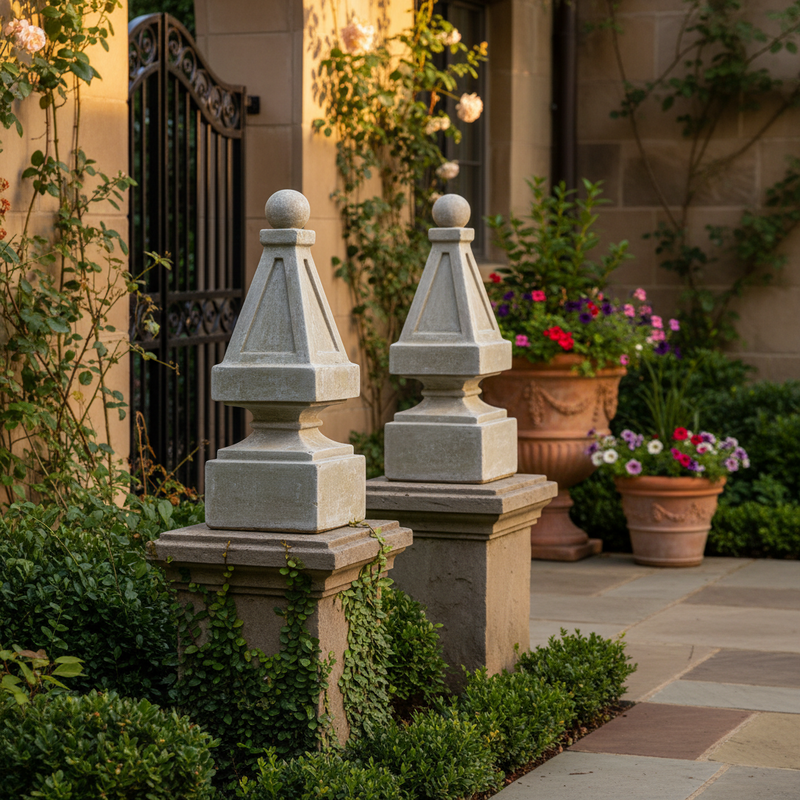 Pair of old world European finials with classical pyramid shapes, ornate detailing, and ball tops on square bases. Side Angle