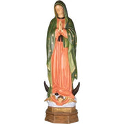 Virgin Mary statue in classical old world European style, hands in prayer, ornate robe, standing on crescent with angel at base.