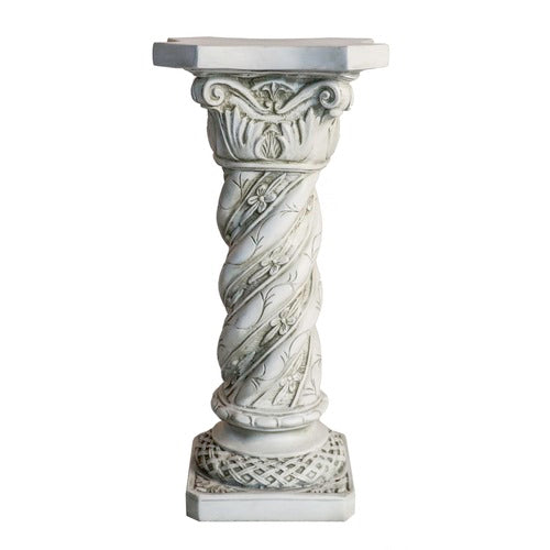 Ornate classical pedestal with twisted column, floral Baroque detailing, and a hexagonal top in old world European style. Other Angle