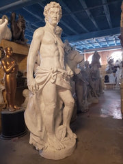 Classical Renaissance-style male statue with draped cloth, standing beside a dog, featuring detailed, lifelike sculptural elements. Other Angle