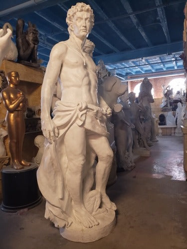 Classical Renaissance-style male statue with draped cloth, standing beside a dog, featuring detailed, lifelike sculptural elements. Other Angle