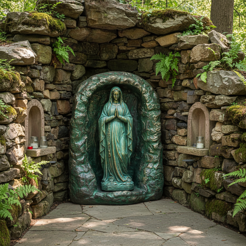 Ornate old world European niche with a rounded arch, textured surface, and classical grotto-inspired design. Side Angle