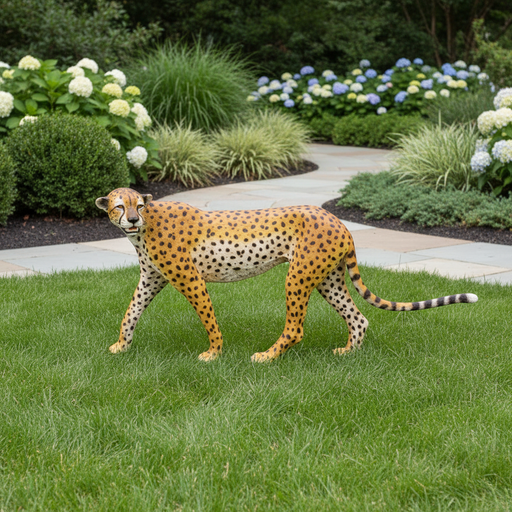 Cheetah figurine with detailed spots and lifelike posture, inspired by classical European naturalist art. Side Angle
