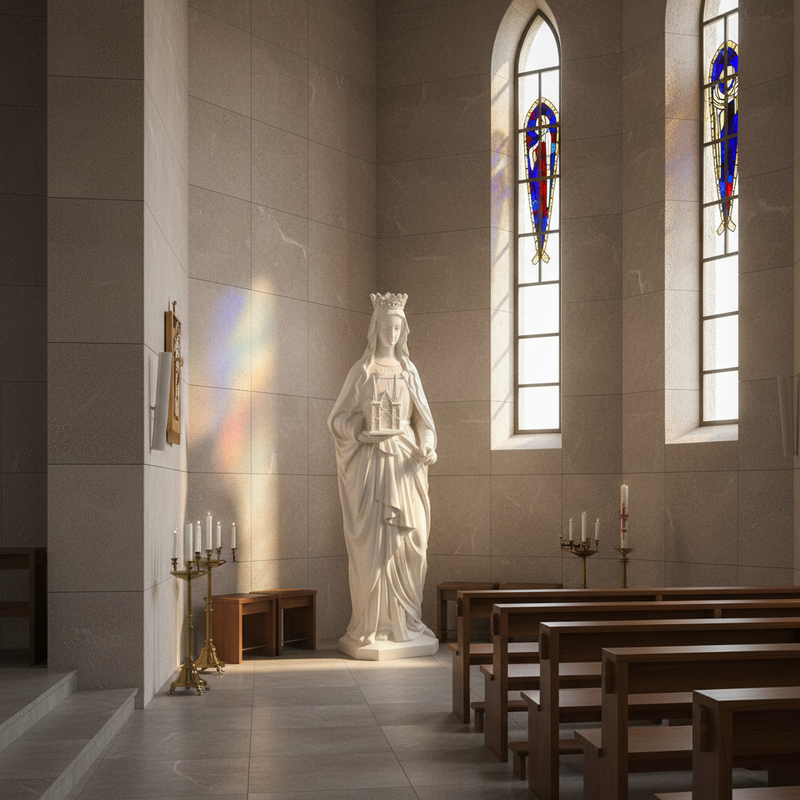 Crowned female figure in classical draped robes holding an ornate Gothic cathedral model, old world European style. Side Angle