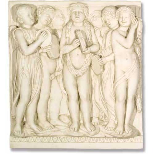 Bas-relief of seven children in classical Renaissance style, playing musical instruments with ornate, old world European detailing.