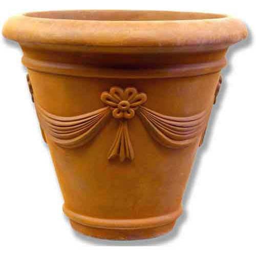Ornate classical planter with Baroque-inspired floral and draped garland relief, featuring old world European decorative details.