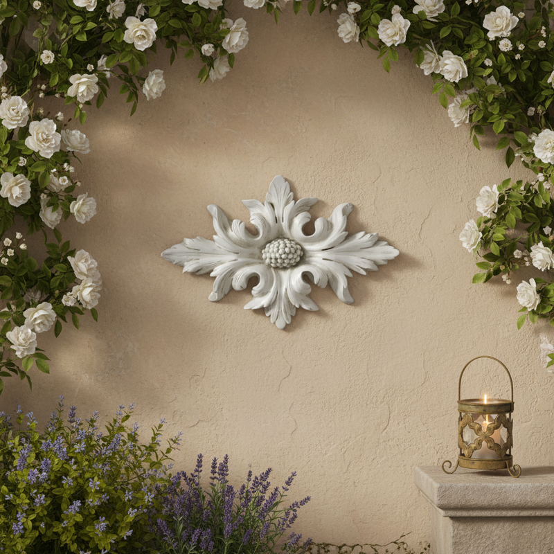 Ornate Baroque floral applique with symmetrical acanthus leaf motifs and a central cluster, featuring classical old world European style. Side Angle