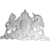 Royal coat of arms with crowned lion and unicorn flanking a shield, ornate old world European style with classical Baroque detailing. Side View