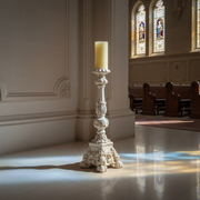 Ornate Baroque candlestick holder with intricate classical detailing and sculpted base, topped with a pillar candle. Side Angle