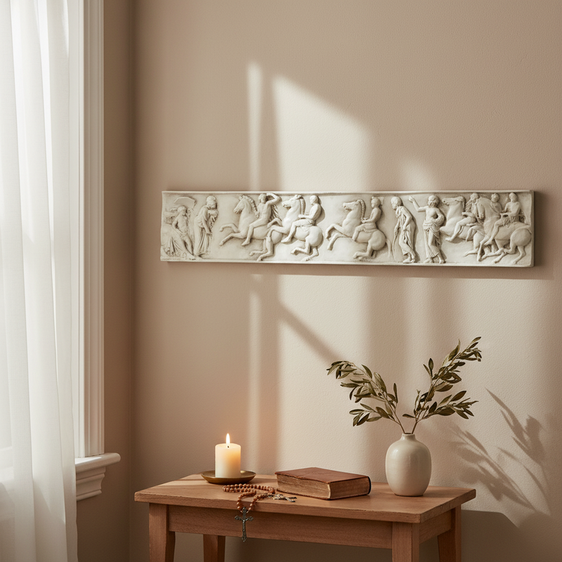 Classical Greek frieze featuring ornate, detailed figures of horsemen and attendants in dynamic procession, inspired by ancient reliefs. Side Angle