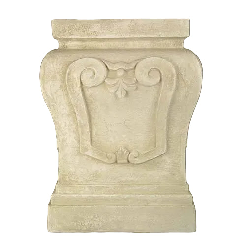 Ornate pedestal base with classical old world European scrollwork and leaf motif, featuring a Renaissance-inspired architectural design.