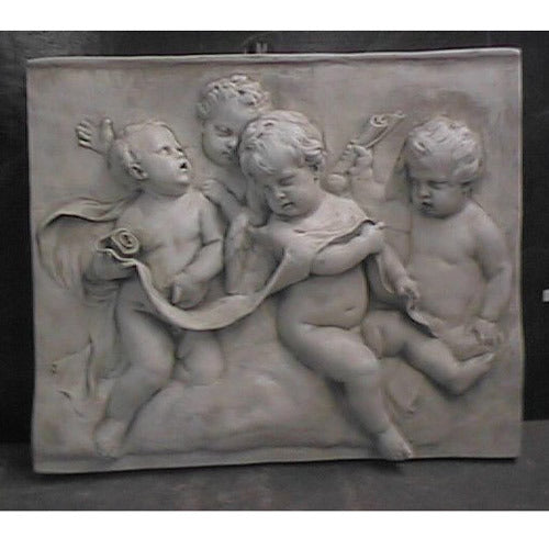 Baroque relief sculpture featuring four cherubs with flowing drapery and ornate classical detailing in old world European style.