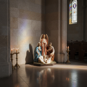 Nativity scene with Holy Family and angel, featuring ornate old world European and classical Renaissance details and serene expressions. Side Angle