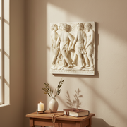 Classical Renaissance relief sculpture featuring six draped figures in a circular dance, with ornate old world European detailing. Side Angle