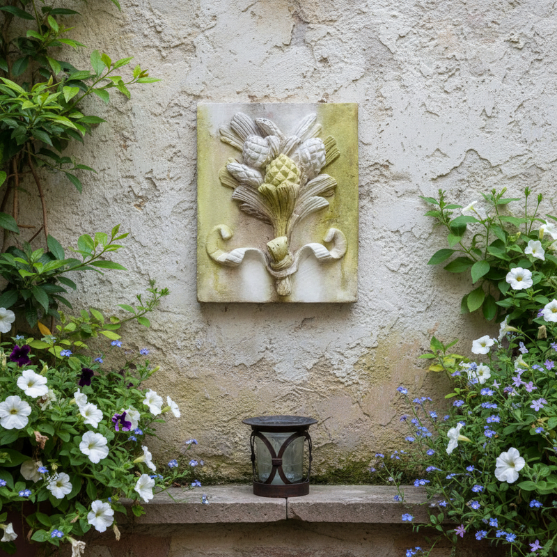 Ornate old world European wall plaque featuring a classical acanthus leaf and artichoke motif in a Baroque relief style. Side Angle
