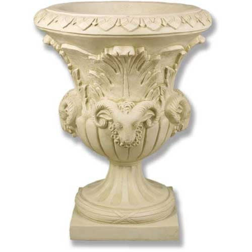 Ornate classical urn with Baroque detailing, featuring sculpted ram heads and intricate leaf motifs in old world European style.