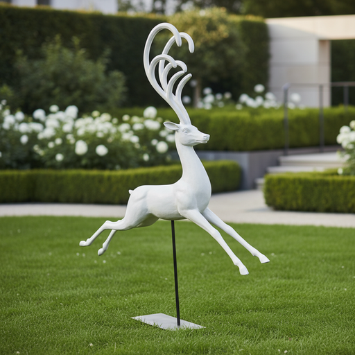 Leaping stag sculpture with elongated, ornate antlers in a classical, old world European style on a minimalist stand. Side Angle