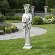 Classical Greek-style pedestal with ornate female figure holding a cornucopia, featuring intricate old world European detailing. Side Angle