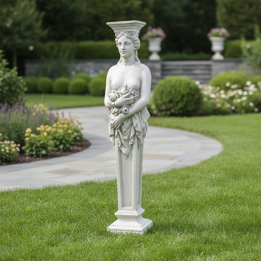 Classical Greek-style pedestal with ornate female figure holding a cornucopia, featuring intricate old world European detailing. Side Angle