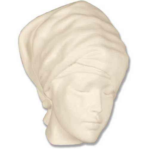 Classical Renaissance-style female bust with draped headscarf, serene expression, and softly detailed facial features.