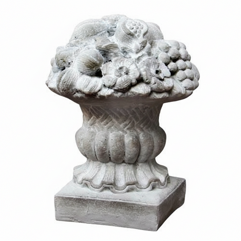 Ornate classical urn with intricate fruit and floral relief, featuring old world European and Baroque decorative detailing. Side View