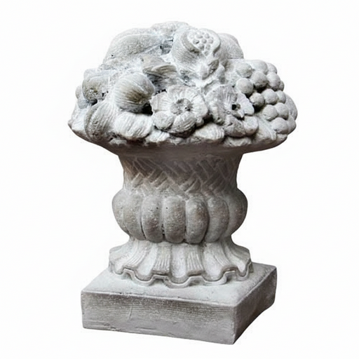 Ornate classical urn with intricate fruit and floral relief, featuring old world European and Baroque decorative detailing. Side View