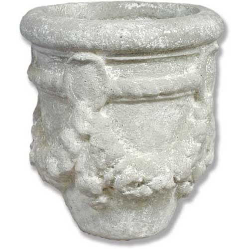 Ornate old world European planter with classical relief details and sculpted garland accents in a weathered, antique style.