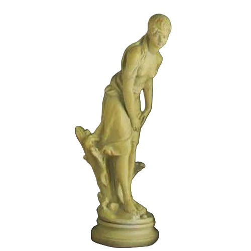 Classical Renaissance-style male statue with draped garment, standing in a graceful pose on a round pedestal.