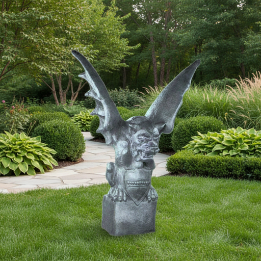 Gothic gargoyle statue with outstretched wings, fierce expression, and ornate medieval detailing on a pedestal base. Side Angle