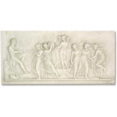 Classical Greek relief panel featuring musicians, dancers, and mythological figures in an ornate, old world European style.