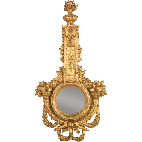 Ornate Baroque wall mirror with intricate floral carvings, lion head accents, and classical urn finial in old world European style.