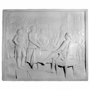 Classical bas-relief panel depicting a group of men in ornate 18th-century attire gathered around a table in a stately interior. Side View