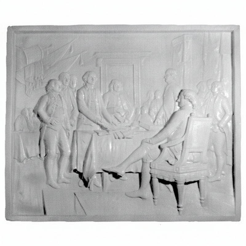 Classical bas-relief panel depicting a group of men in ornate 18th-century attire gathered around a table in a stately interior. Side View