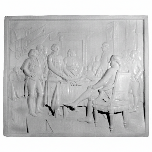 Classical bas-relief panel depicting a group of men in ornate 18th-century attire gathered around a table in a stately interior. Side View