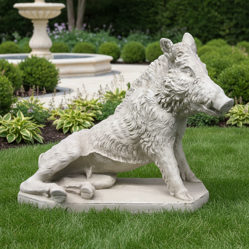 Baroque-style wild boar statue with detailed fur and classical European sculptural features in a seated pose. Side Angle