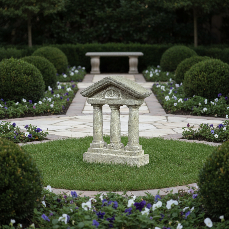 Classical Greek-style miniature temple with three columns, ornate pediment, and detailed architectural accents. Side Angle