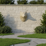 Wolf head sculpture with detailed fur and classical, old world European style, featuring strong, lifelike medieval features. Side Angle