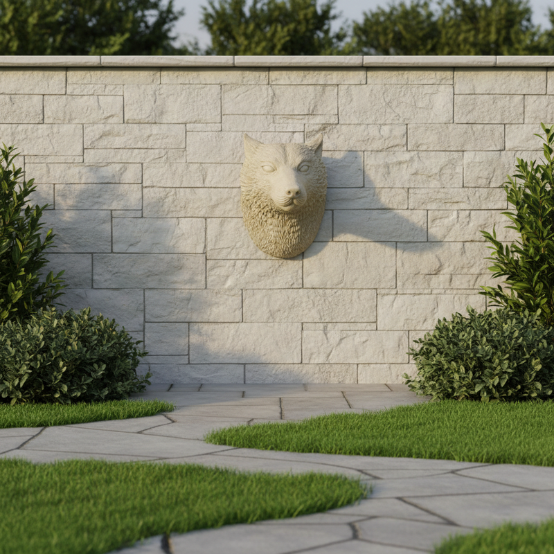Wolf head sculpture with detailed fur and classical, old world European style, featuring strong, lifelike medieval features. Side Angle