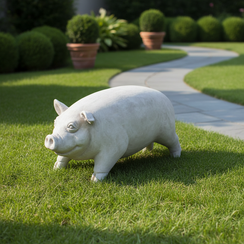 Pig statue with classical old world European style, featuring rounded form, subtle facial details, and a gentle, ornate expression. Side Angle