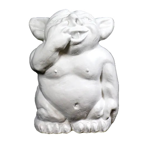 Whimsical medieval-style troll statue with exaggerated features, rounded belly, and playful expression, inspired by old world European folklore. Side View