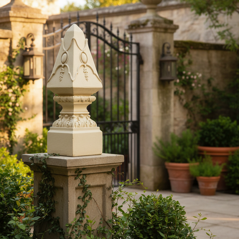 Ornate old world European finial with classical detailing, Baroque scrollwork, and Renaissance-inspired geometric accents. Side Angle