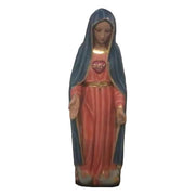 Madonna statue in classical old world European style, featuring ornate robes and serene expression with hands extended downward.