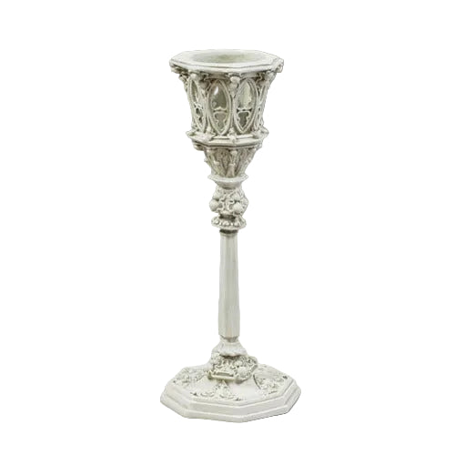 Ornate candlestick holder with Gothic arches, classical detailing, and intricate old world European motifs on a pedestal base.