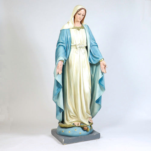 Virgin Mary statue in classical old world European style, standing with open arms on a pedestal adorned with stars and a serpent. Additional Angle