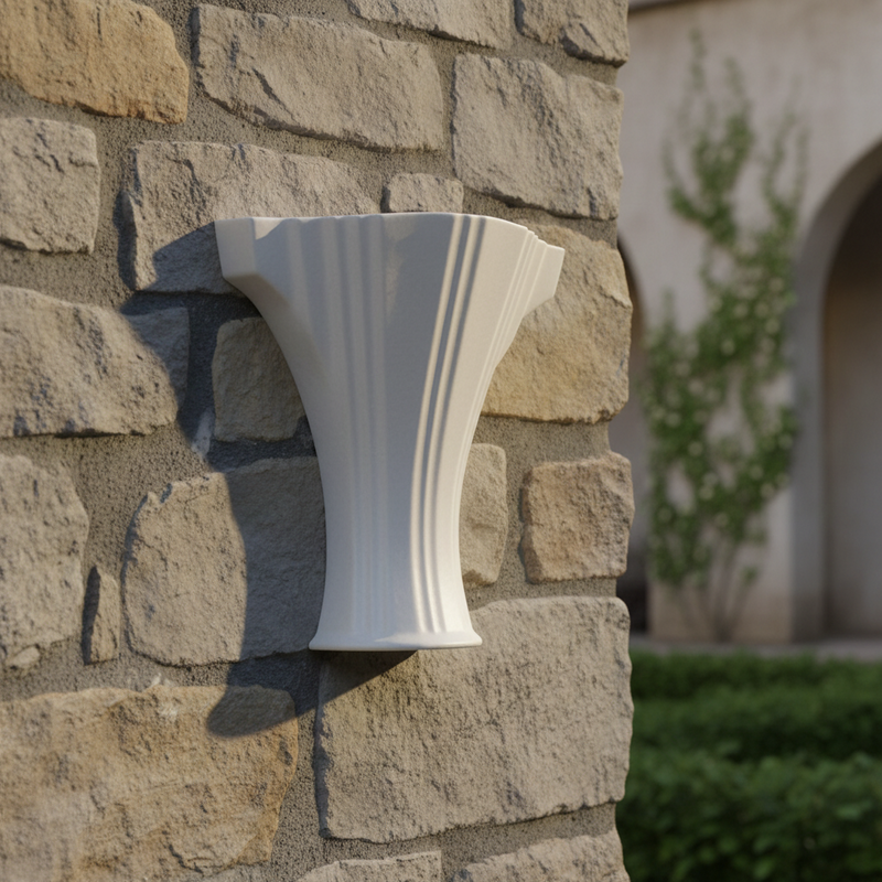 Fluted classical column capital with fan-shaped, ornate old world European design and subtle Renaissance detailing. Side Angle