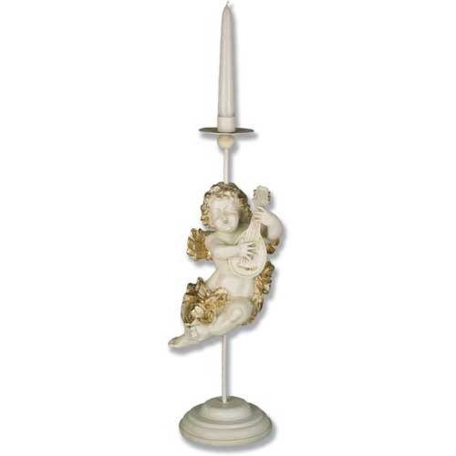 Winged Cherub Sitting And Playing A Lute, Candle Holder At The Top. Outdoor Statue (17 - Inch) - Bella Statues