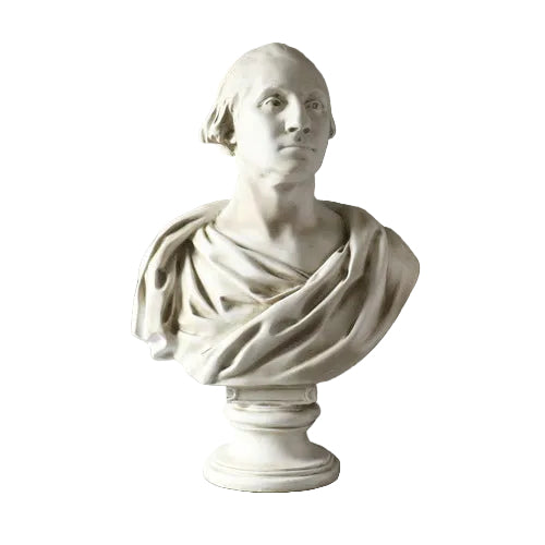 Classical bust sculpture with draped robes, inspired by old world European and Renaissance styles, featuring detailed, lifelike features. Side View