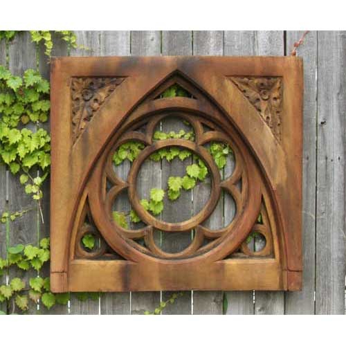 Gothic architectural panel with ornate quatrefoil and pointed arch design, featuring intricate old world European detailing. Side Angle